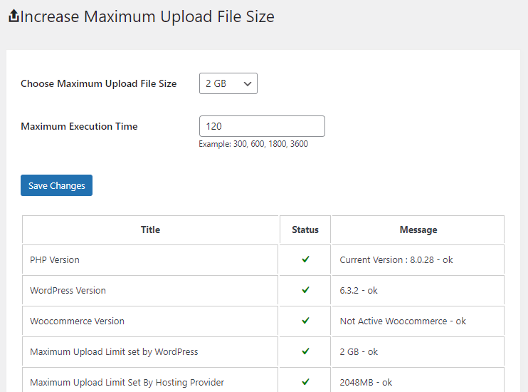 Choosing your maximum upload file size and maximum execution time in the plugin settings.